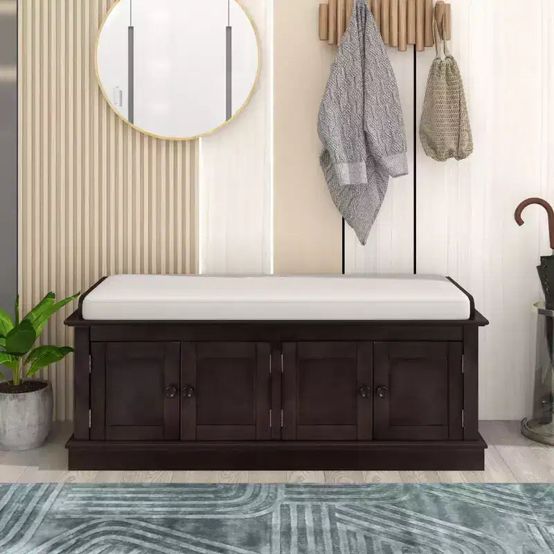 Banc de rangement pour chaussures avec portes et coussin, coloris Marine/Espresso/Gris/Blanc, pour 2 personnes