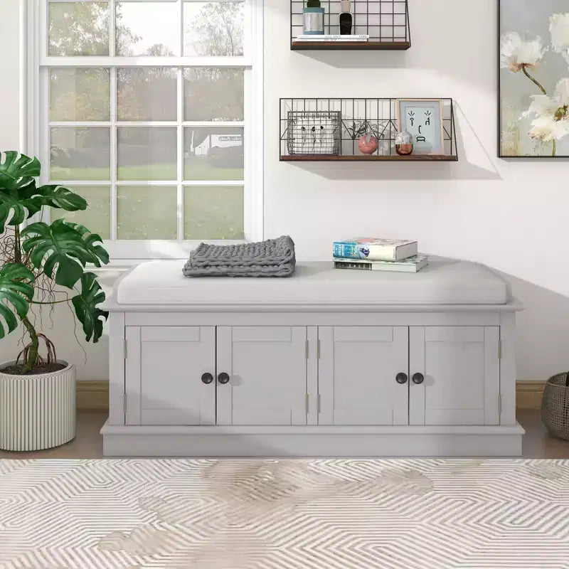 Banc de rangement pour chaussures avec portes et coussin, coloris Marine/Espresso/Gris/Blanc, pour 2 personnes