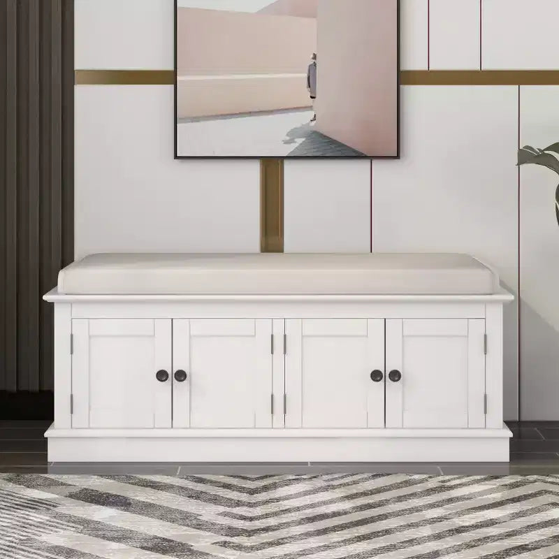 Banc de rangement pour chaussures avec portes et coussin, coloris Marine/Espresso/Gris/Blanc, pour 2 personnes