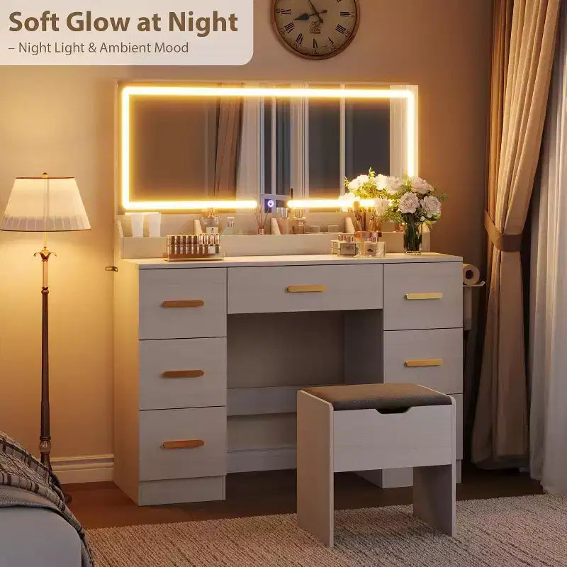 Coiffeuse noire/blanche avec miroir éclairé et 8 tiroirs pour 1