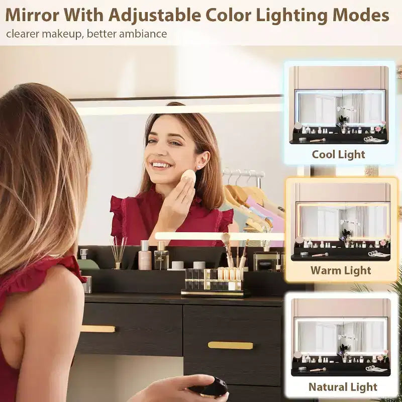 Coiffeuse noire/blanche avec miroir éclairé et 8 tiroirs pour 1