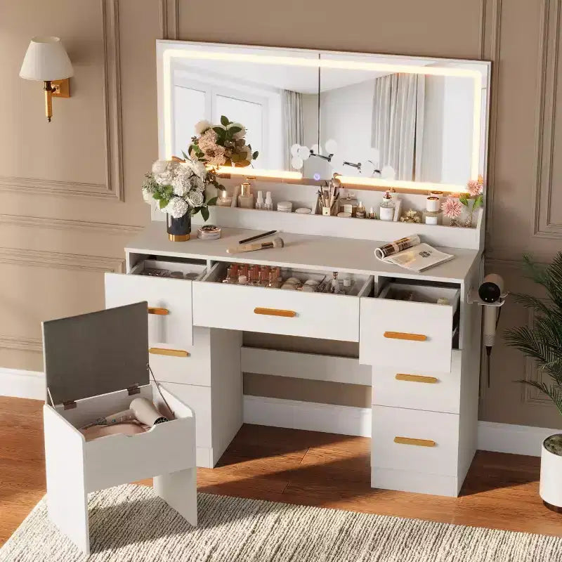 Coiffeuse noire/blanche avec miroir éclairé et 8 tiroirs pour 1