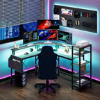 Bureau de jeu en L noir avec LED, prise de courant et 5 étagères pour 1 personne