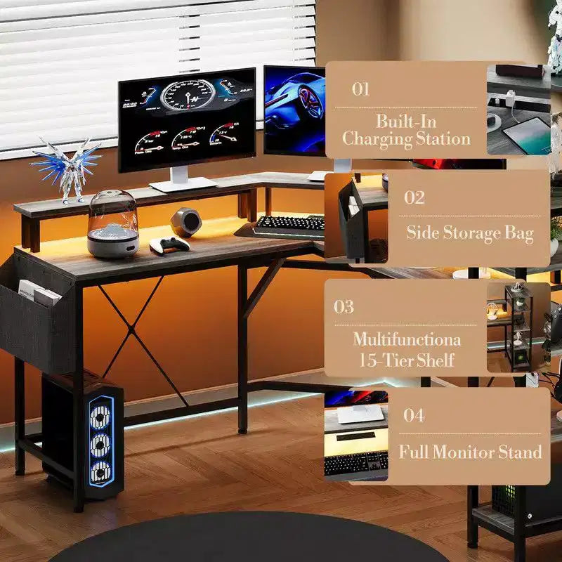 Bureau de jeu en L noir avec LED, prise de courant et 5 étagères pour 1 personne