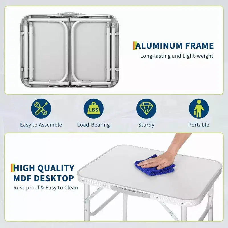 Table pliante portative en aluminium argenté avec hauteur réglable pour 2 personnes