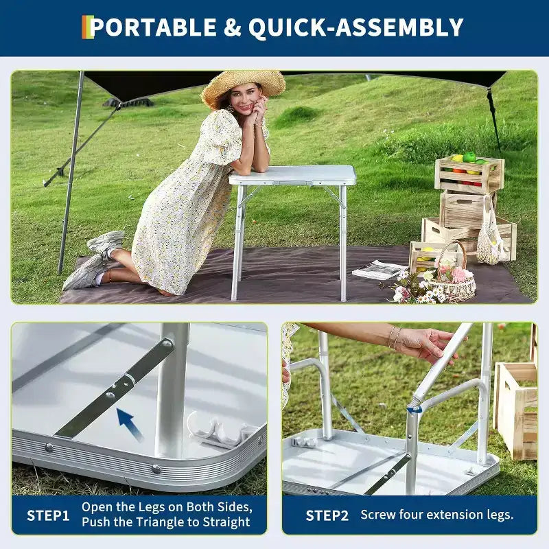 Table pliante portative en aluminium argenté avec hauteur réglable pour 2 personnes