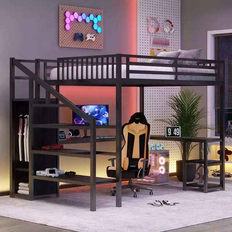 Lit mezzanine en métal noir avec armoire, bureau en L et lumières LED pour 1 personne