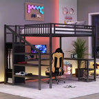 Lit mezzanine en métal noir avec armoire, bureau en L et lumières LED pour 1 personne