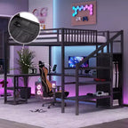 Lit mezzanine en métal noir avec armoire, bureau en L et lumières LED pour 1 personne