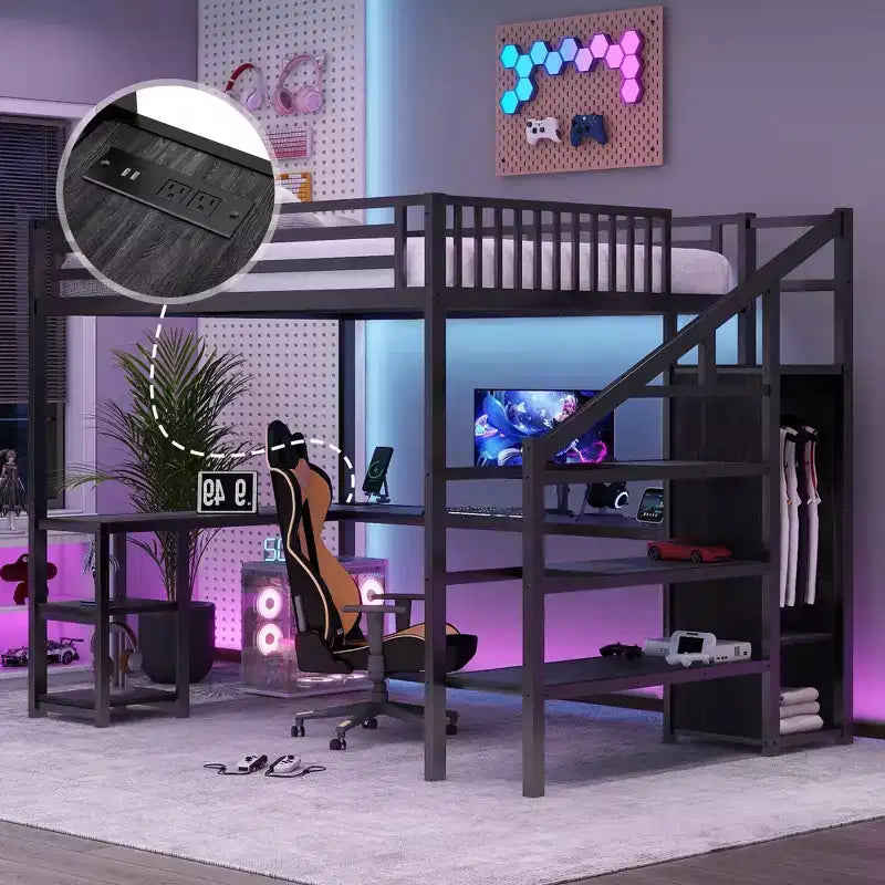 Lit mezzanine en métal noir avec armoire, bureau en L et lumières LED pour 1 personne