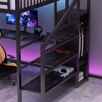 Lit mezzanine en métal noir avec armoire, bureau en L et lumières LED pour 1 personne