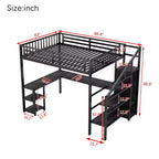 Lit mezzanine en métal noir avec armoire, bureau en L et lumières LED pour 1 personne