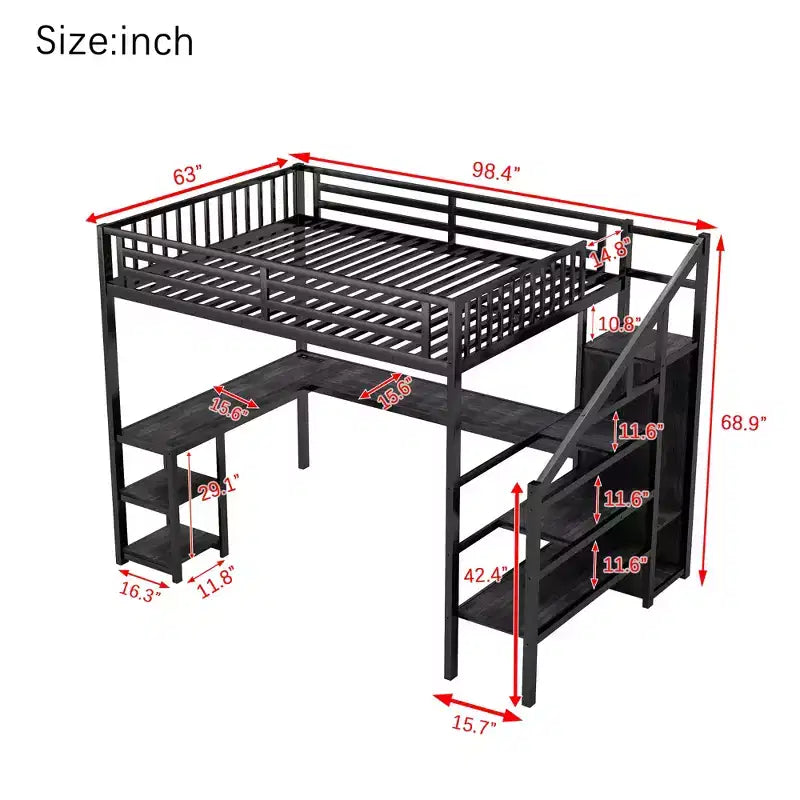Lit mezzanine en métal noir avec armoire, bureau en L et lumières LED pour 1 personne