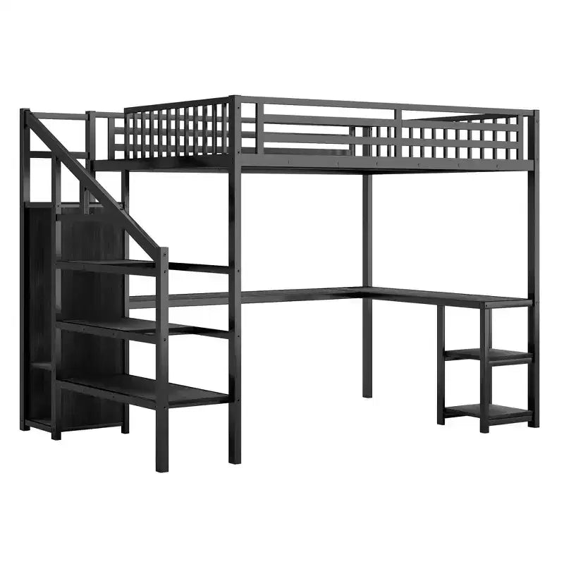 Lit mezzanine en métal noir avec armoire, bureau en L et lumières LED pour 1 personne