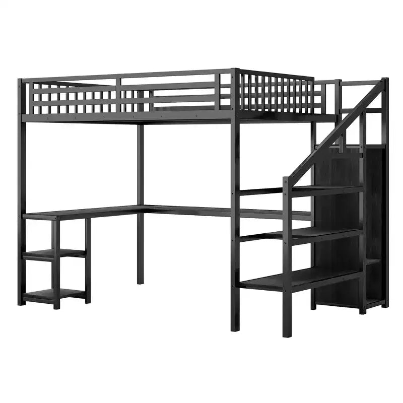 Lit mezzanine en métal noir avec armoire, bureau en L et lumières LED pour 1 personne