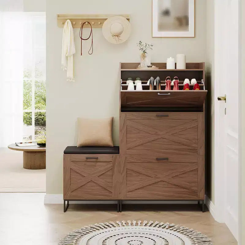 Shoe Storage Bench, Wooden Entryway Bench with 4 Flip Drawers & Padded Seat, Hidden Shoe Organizer Cabinet for Hallway Living Room