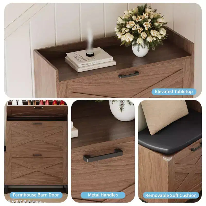 Banc à chaussures en chêne naturel avec 4 tiroirs à abattant et siège rembourré pour 1