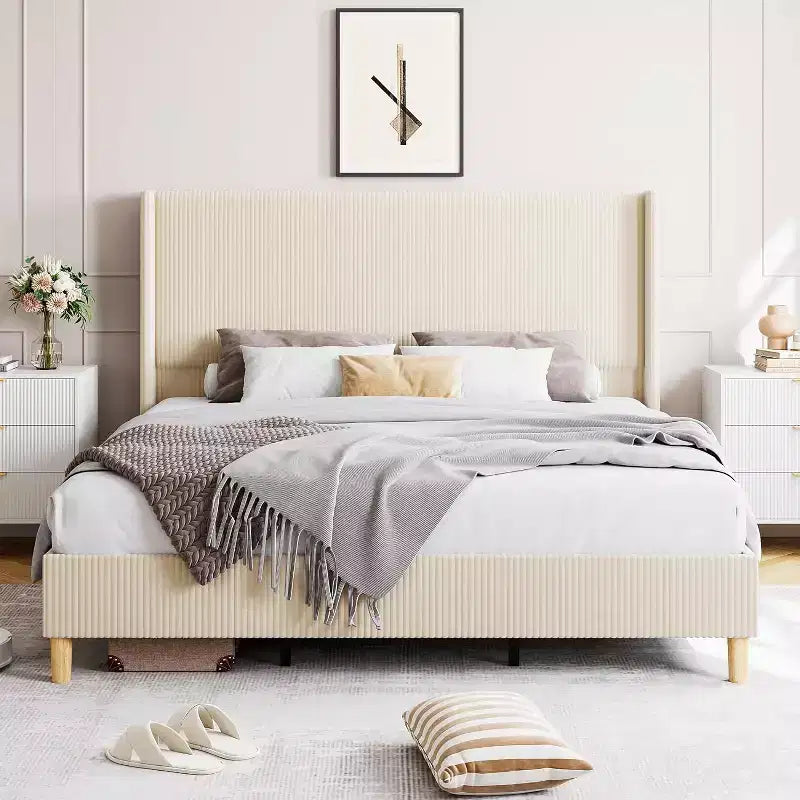 Cadre de lit plateforme à tête d'aile en velours côtelé beige/gris/rose pour 1 personne