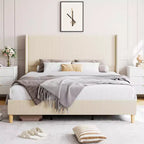 Cadre de lit plateforme à tête d'aile en velours côtelé beige/gris/rose pour 1 personne