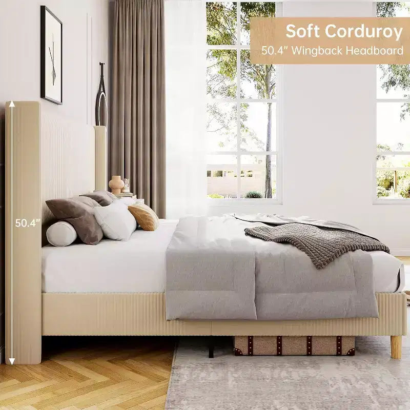 Cadre de lit plateforme à tête d'aile en velours côtelé beige/gris/rose pour 1 personne