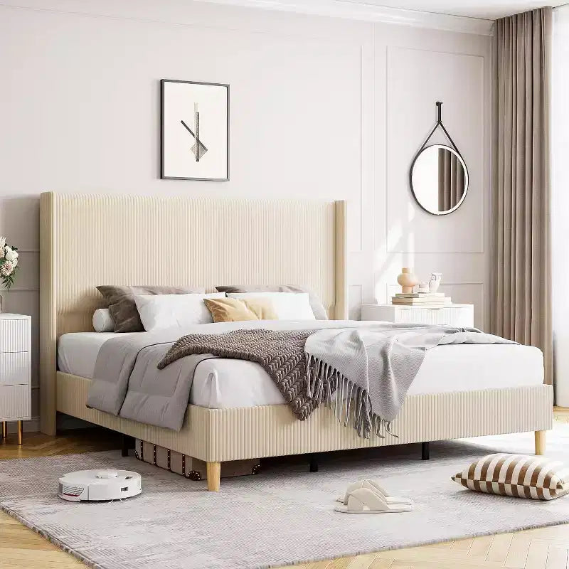 Cadre de lit plateforme à tête d'aile en velours côtelé beige/gris/rose pour 1 personne