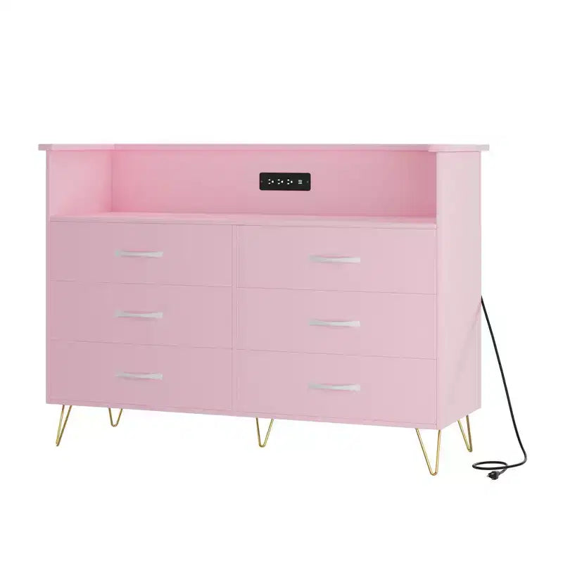 Commode 6 tiroirs noire/rose/blanche avec lumières LED et station de recharge pour 1