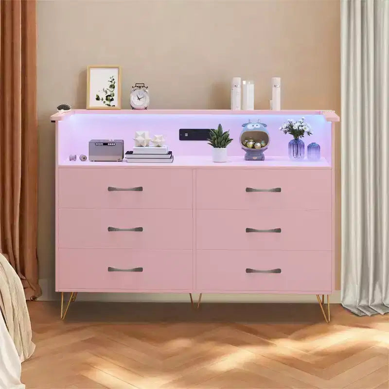 Commode 6 tiroirs noire/rose/blanche avec lumières LED et station de recharge pour 1