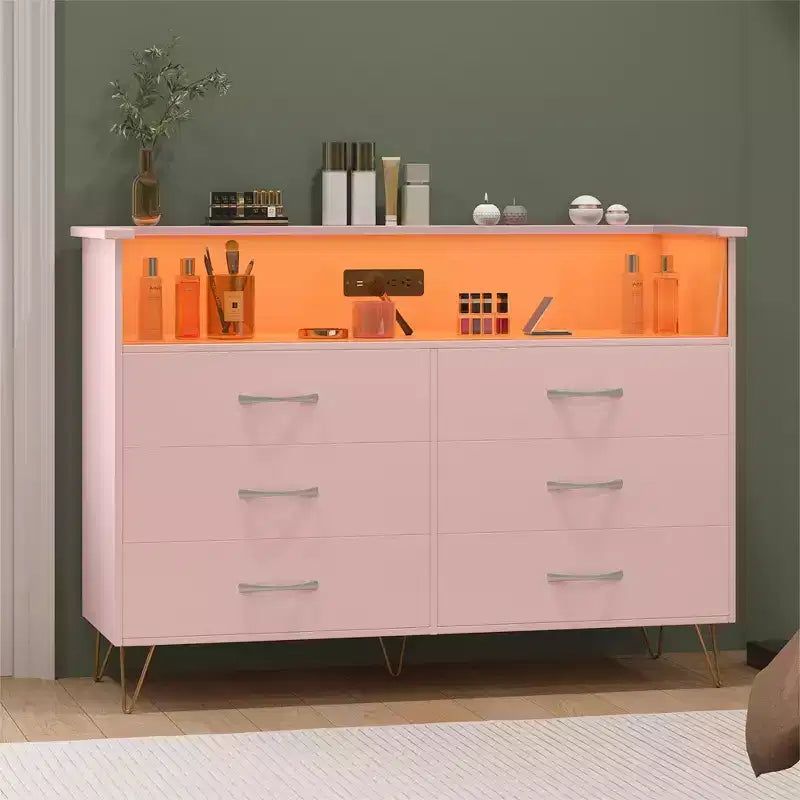 Commode 6 tiroirs noire/rose/blanche avec lumières LED et station de recharge pour 1