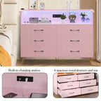 Commode 6 tiroirs noire/rose/blanche avec lumières LED et station de recharge pour 1