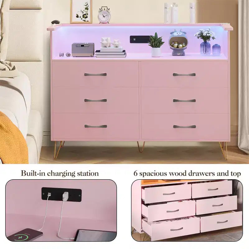 Commode 6 tiroirs noire/rose/blanche avec lumières LED et station de recharge pour 1