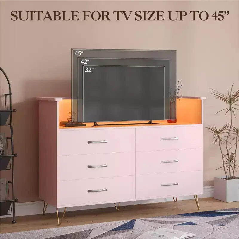 Commode 6 tiroirs noire/rose/blanche avec lumières LED et station de recharge pour 1