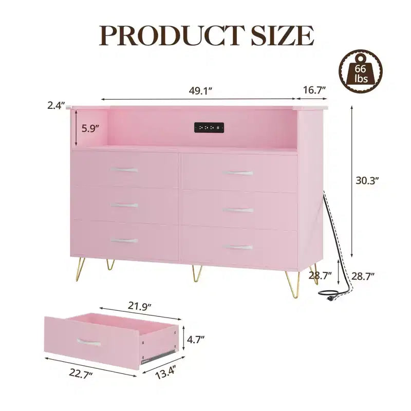 Commode 6 tiroirs noire/rose/blanche avec lumières LED et station de recharge pour 1