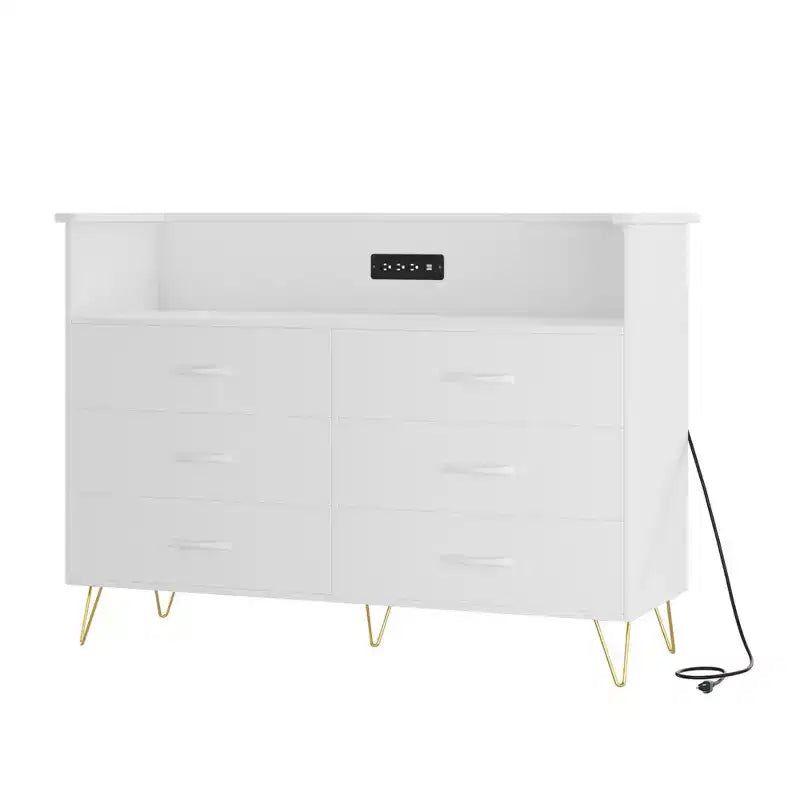 Commode 6 tiroirs noire/rose/blanche avec lumières LED et station de recharge pour 1