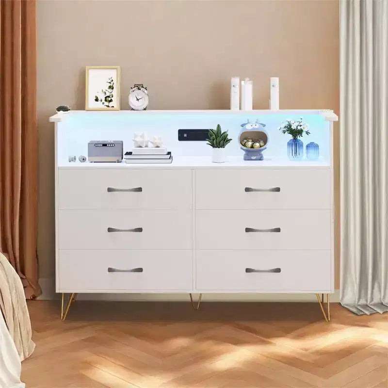 Commode 6 tiroirs noire/rose/blanche avec lumières LED et station de recharge pour 1