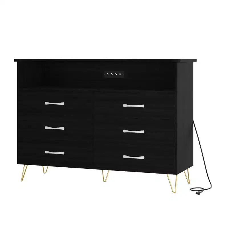 Commode 6 tiroirs noire/rose/blanche avec lumières LED et station de recharge pour 1