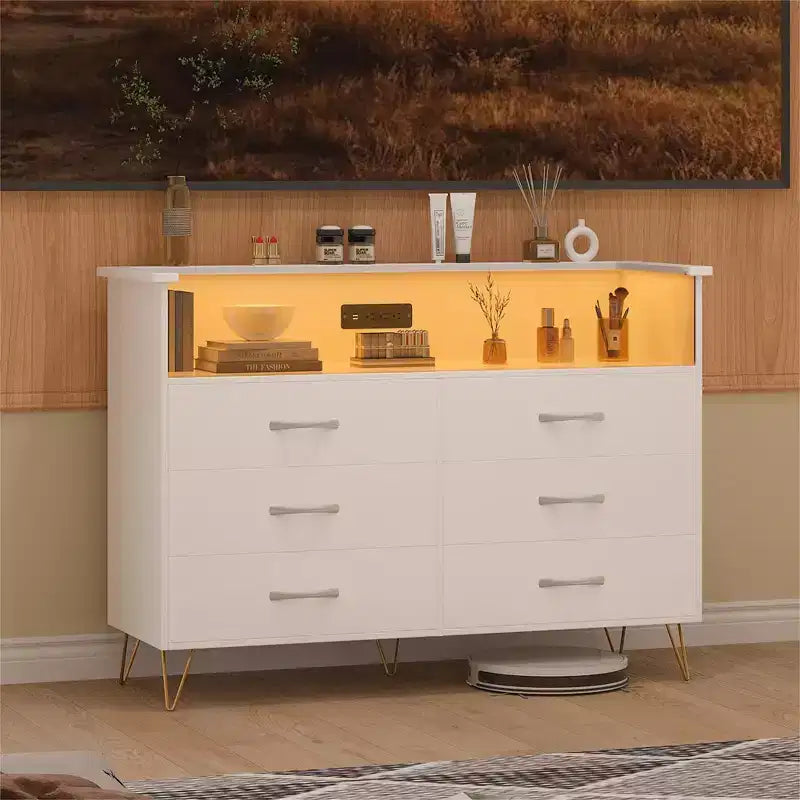 Commode 6 tiroirs noire/rose/blanche avec lumières LED et station de recharge pour 1
