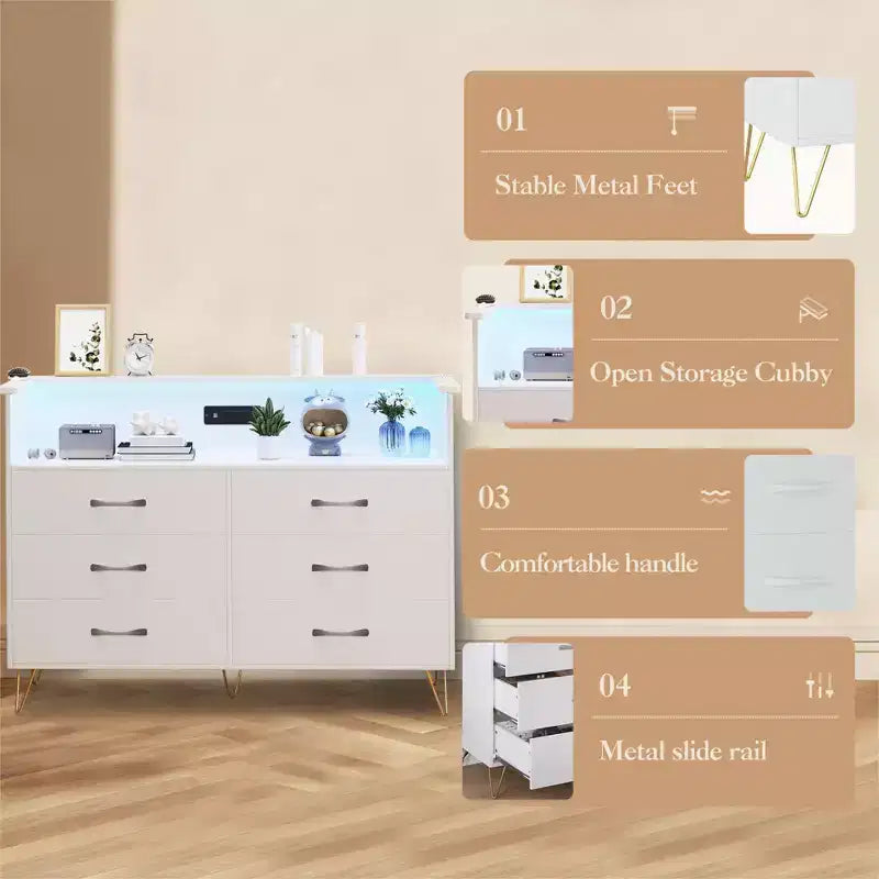 Commode 6 tiroirs noire/rose/blanche avec lumières LED et station de recharge pour 1
