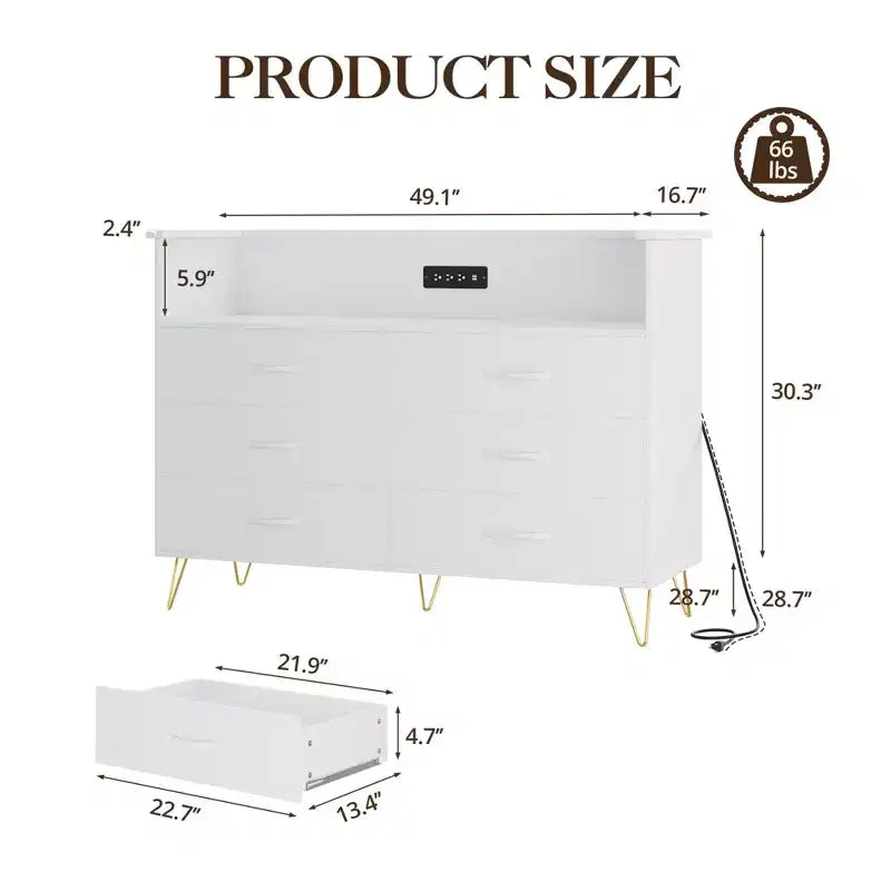 Commode 6 tiroirs noire/rose/blanche avec lumières LED et station de recharge pour 1