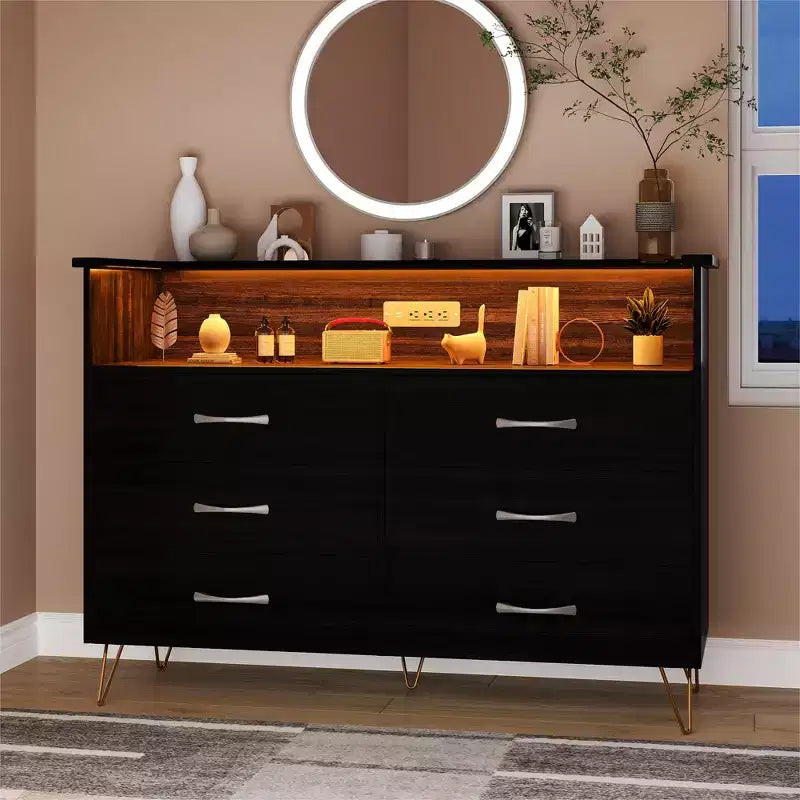 Commode 6 tiroirs noire/rose/blanche avec lumières LED et station de recharge pour 1
