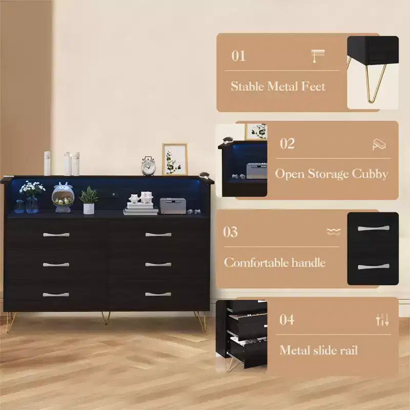 Commode 6 tiroirs noire/rose/blanche avec lumières LED et station de recharge pour 1