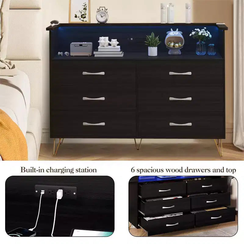 Commode 6 tiroirs noire/rose/blanche avec lumières LED et station de recharge pour 1