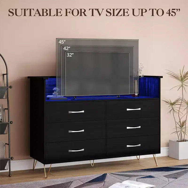 Commode 6 tiroirs noire/rose/blanche avec lumières LED et station de recharge pour 1