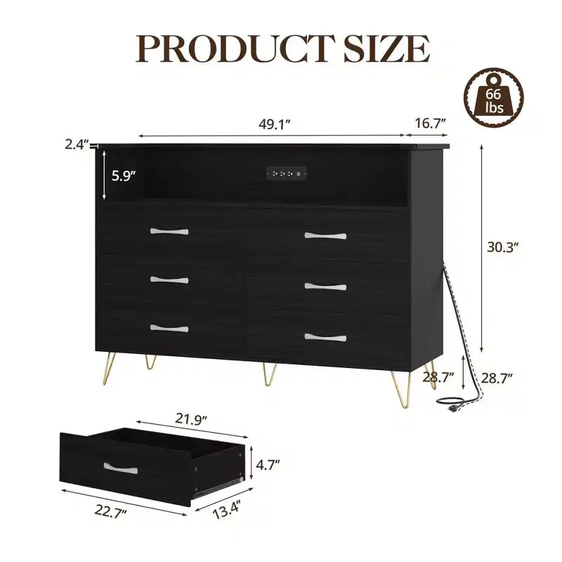 Commode 6 tiroirs noire/rose/blanche avec lumières LED et station de recharge pour 1