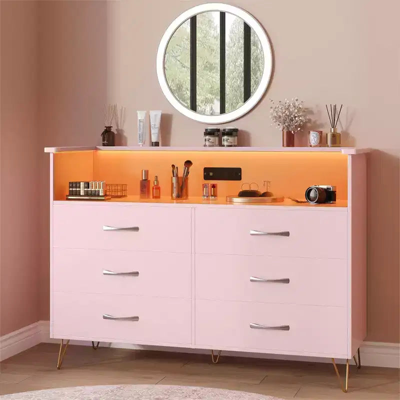 Commode 6 tiroirs noire/rose/blanche avec lumières LED et station de recharge pour 1