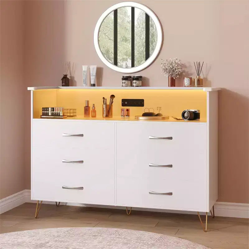Commode 6 tiroirs noire/rose/blanche avec lumières LED et station de recharge pour 1
