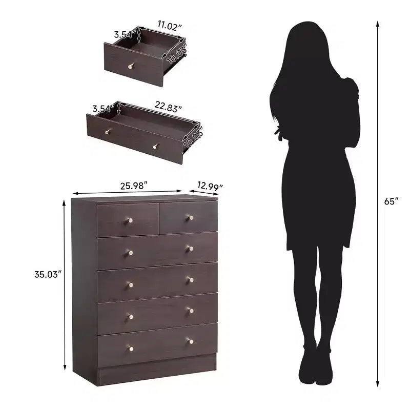 Commode à 6 tiroirs brune pour 1 personne