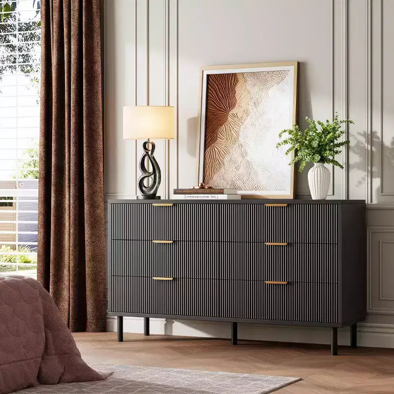 Commode à 6 tiroirs Oak Wave Fluted avec pieds en métal pour 1