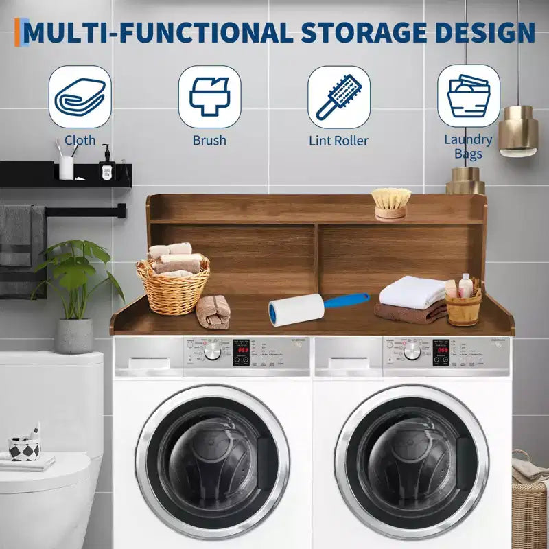 Dessus de comptoir 2 niveaux en bois naturel/noyer/blanc pour lave-linge/sèche-linge 1