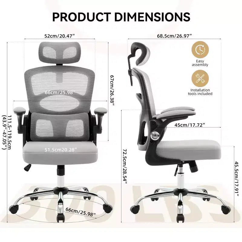 Chaise de bureau ergonomique en maille noire/grise à dossier haut pour 1