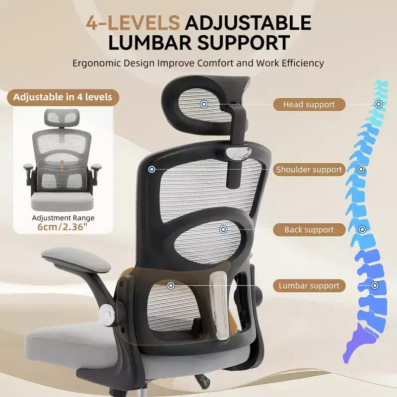 Chaise de bureau ergonomique en maille noire/grise à dossier haut pour 1